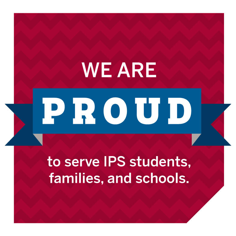 Crimson badge with blue banner. Text that says, "We are proud to serve IPS students, families, and schools."
